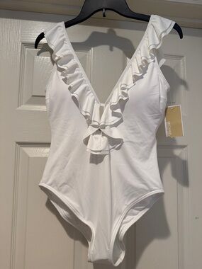 NWT Hot Summer Sexy Michael Kors White Ruffle Deep V-Neck Swimsuit Beach Pool 14